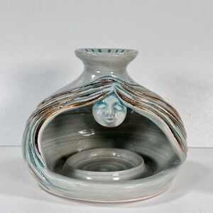 Studio Pottery Tea Light Candle Holder Ceramic Luminary Serene Face Flowing Hair